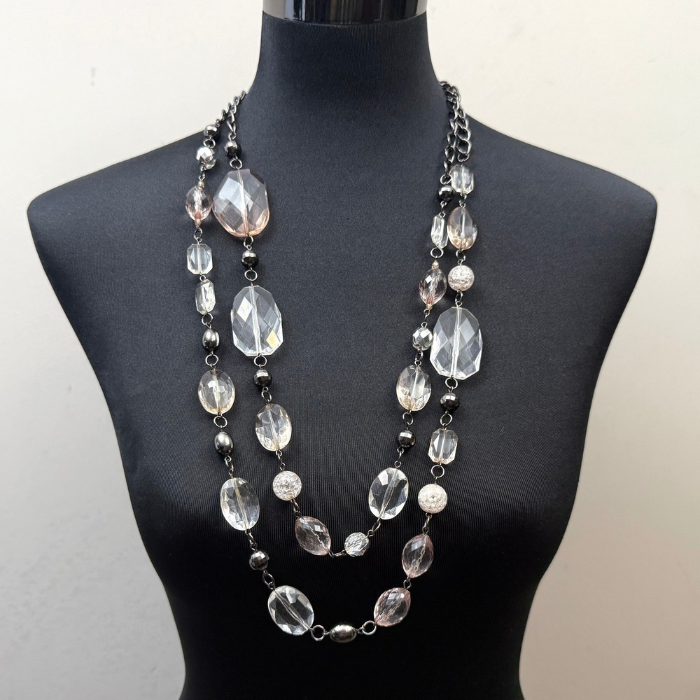 NY Chunky Statement Necklace Two Strand Acrylic Bead Gunmetal Jewelry 16 in L